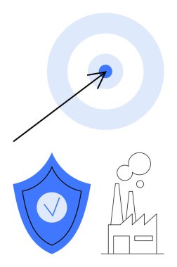 Ok hedefi vuruyor, mavi kalkan işaretli, fabrika bacalı. Güvenlik, endüstri, üretim, doğruluk, uyum, güvenlik için ideal basit iniş sayfası