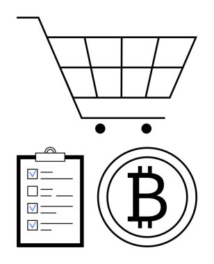 Alışveriş arabası, işaretli görevleri olan kontrol listesi ve Bitcoin simgesi e-ticaret, kripto para birimi ödemesi, finansal planlama, dijital pazarlama, veri yönetimi, modern finans, basit iniş sayfası