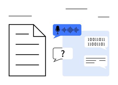 Mikrofon dalga formu, konuşma baloncuklarındaki ikili kodlama, metin belgesi ve soru sembolü mesajlaşma, yapay zeka ve işbirliği için teknolojik entegrasyonu vurguluyor. Teknoloji, yapay zeka ve yenilik için ideal.