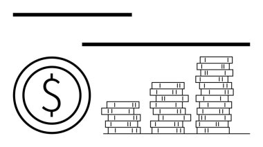Yuvarlak bir çerçevenin içindeki dolar işareti artan madeni paraların yanında. Finans, tasarruf, bütçe, yatırım, iş büyümesi, zenginlik yönetimi için ideal