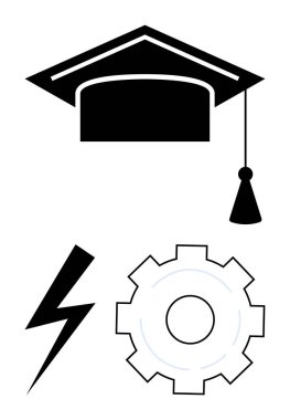 Mezuniyet başlığı, yıldırım, eğitim, yenilik, teknoloji, güç, mekanik, mühendislik yaratıcılığını simgeleyen teçhizat. BTMM konuları ilerleme ve basit bir iniş sayfası için ideal