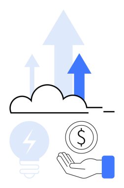 Okları olan bulut büyümeyi ve ilerlemeyi sembolize eder. Enerji tasarruflu ampul, dolar parası, açık el. Sürdürülebilirlik, finans, teknoloji, büyüme, enerji yeniliği için ideal basit iniş sayfası