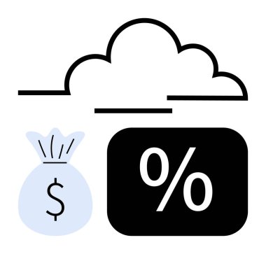 Cloud outline over dollar bag ve yüzde sembolü, tasarruf, finans, analitik, yatırım, bankacılık, vergilendirme ve dijital ekonomiyi temsil ediyor. Düz basit metafor için ideal