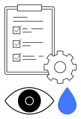 Kontrol işaretleri, teçhizat, göz ve su damlası olan kontrol listesi. Çalışma akışı, yönetim, üretkenlik, vizyon, analiz planlama yeniliği veya basit bir iniş sayfası için ideal