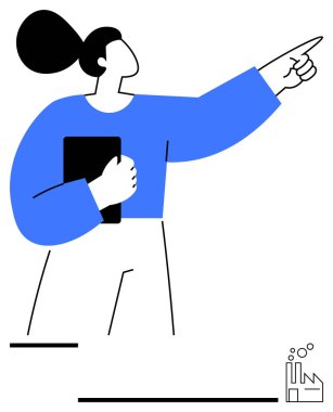 Tablet tutan kadın, kendinden emin bir şekilde öne bakıyor. Liderlik için ideal, rehberlik, iş stratejisi, sunum, takım çalışması, vizyon profesyonel büyüme. Minimalist ve düz bir metafor.