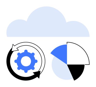 Turta grafiğinin yanındaki süreçleri işaretleyen dairesel oklar içindeki dişliler bir bulutun altında veri analizi gösteriyor. İş akışı, teknoloji, veri bilimi, bulut depolama, bütünleşme, strateji için ideal