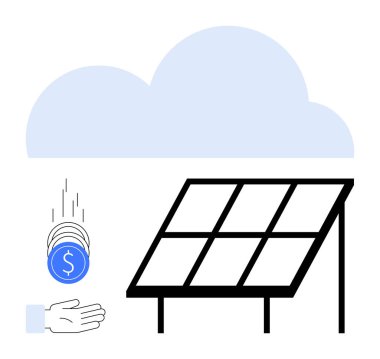 Güneş paneli mavi bulutun altında. Eline düşen paralar enerji tasarrufunu temsil ediyor. Yenilenebilir enerji, çevre, eko-finans, güneş enerjisi, sürdürülebilirlik, yatırımlar, basit iniş için ideal