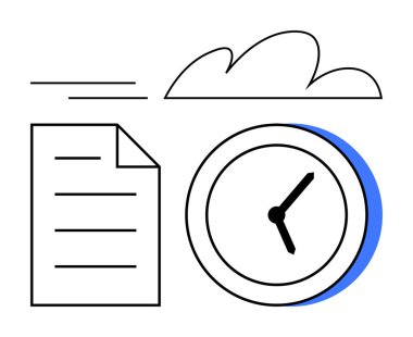 Belge yakınındaki saat ve soyut bulut zaman yönetimi, üretkenlik, bulut depolama konularını vurguluyor. İş akışı, teslim tarihleri, uzaktan çalışma, planlama, görev yönetimi dijital organizasyonu için ideal. Düz