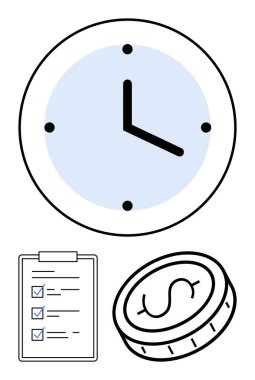 Zaman yönetimi, verimlilik ve finansal planlamayı vurgulayan saat, kontrol listesi ve dolar para. İş planlaması, görev öncelikleri, hedef belirleme ve bütçeleme için ideal