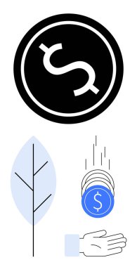 Dolar işaretli sikke, minimalist yaprak, el yakalama paraları. Sürdürülebilirlik, finans, eko-ticaret, çevre ekonomisi, tasarruflar, yatırımlar için ideal