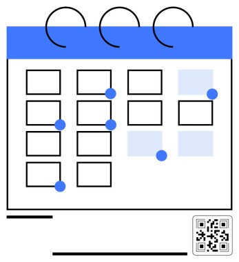 Kutularla takvim, mavi röfleler, belirli tarihlerde daireler, spiral bağlama ve QR kodu. Organizasyon, planlama, planlama, zaman yönetimi için ideal verimlilik erişilebilirliğini hatırlatıyor