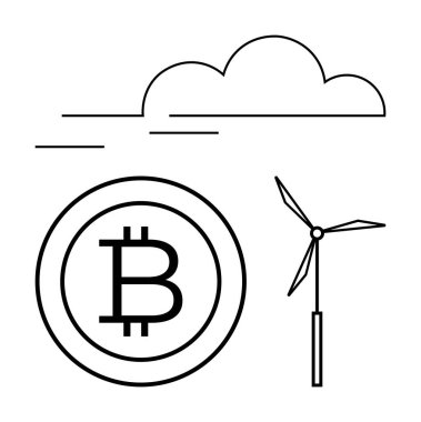 Bulutun altındaki rüzgar türbininin yanında bulunan Bitcoin para dijital para birimi için sürdürülebilir enerjiyi sembolize ediyor. Engelleme zinciri, kripto para birimi, yeşil enerji, çevre teknolojisi, yenilik ve geleceğin teknolojisi için ideal