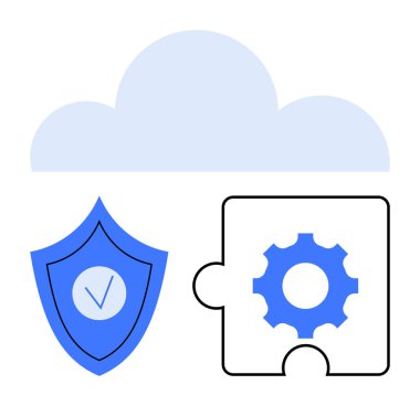 Mavi bulut simgesi, kalkanında işaretler ve bulmaca parçaları var. Bulut hesaplama, siber güvenlik, veri koruması, bütünleşme, yazılım geliştirme, sistem yönetimi için ideal