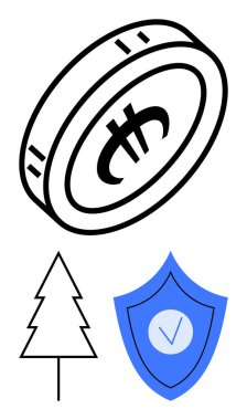 Dijital parayı temsil eden sikke, sürdürülebilirliği öneren kozalaklı ağaç, siber güvenliği sembolize eden işaretli mavi kalkan. Finans, engelleme zinciri, çevre, güvenlik ve çevrimiçi ticaret için ideal