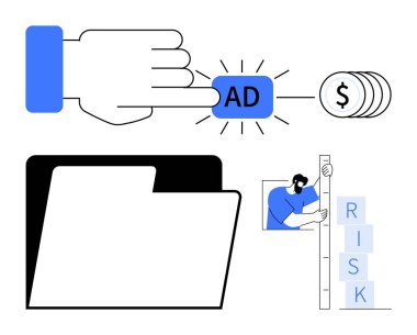 Dolar sikkelerine bağlı bir ilan düğmesine tıklamak, klasörü açmak, risk bloklarını ölçen kişi. Pazarlama, finans, strateji, analiz, iş planı, karar vermek için ideal