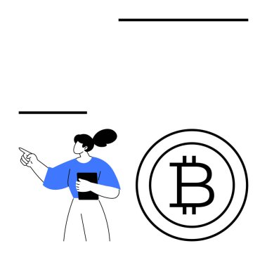 Elinde tablet olan mavi gömlekli bir kadın Bitcoin ikonunun yakınını işaret ediyor. Kripto para birimi, finans, engelleme zinciri, yatırım, teknoloji, dijital varlıklar için ideal gelecekteki ekonomi. Düz basit metafor