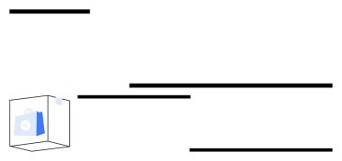 Temiz, koyu siyah çizgileri olan şeffaf bir kutunun içindeki alışveriş torbası geometrik desen oluşturuyor. E-ticaret, markalaşma, reklam, basitlik, online alışveriş, iş ve basit iniş için ideal