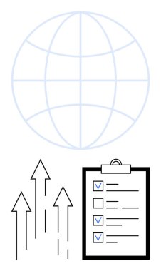 Küresel odağı temsil eden dünya çizgisi, büyümeyi sembolize eden yukarı doğru oklar ve planlama için kontrol listesi olan pano. İş, strateji, üretkenlik, başarı, organizasyon, iş akışı için ideal