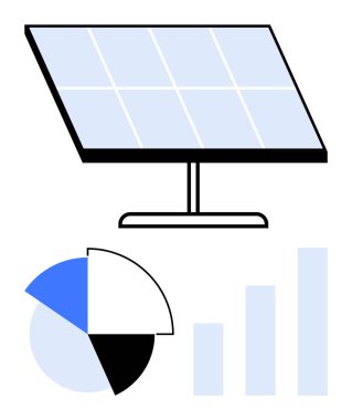 Pasta grafiği ve çubuk grafiği olan güneş paneli enerji verimliliğini, sürdürülebilirliği ve veri güdümlü sezgileri sembolize ediyor. Yenilenebilir enerji, yeşil teknoloji, veri analizi, sürdürülebilirlik, temiz