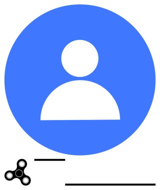 Mavi bir dairede kullanıcı profili silueti, hareketli bir döner ve soyut siyah çizgileri olan minimal tasarım. Kullanıcı kimliği, odaklanma, yaratıcılık, minimalizm, kişiselleştirme, teknoloji için ideal