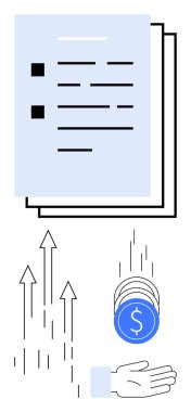Belgeler düzgünce istiflenmiş, büyümeyi gösteren oklar, bozuk para almak için uzanan bir el. Finans, yatırım, tasarruf, ekonomi, zenginlik oluşturma, iş başarısı için ideal basit iniş sayfası