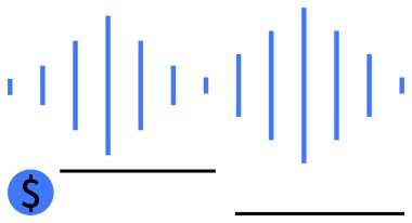 Mavi ses dalgası çizgileri bir dolar simgesi ve yatay çizgilerle eşleştirildi. Finans, teknoloji, yaratıcılık, ses markalaşması, podcast, değer temsili, düz basit metafor