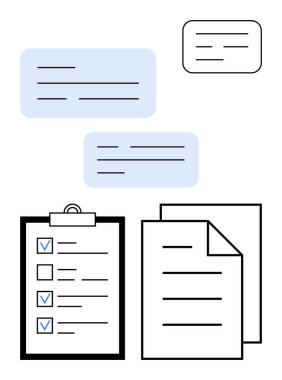 Kontrol listesi, katmanlı belgeler ve konuşma baloncukları planlama, iletişim ve görev yönetimini temsil ediyor. Takım çalışması, üretkenlik, organizasyon, iş akışı stratejisi için ideal