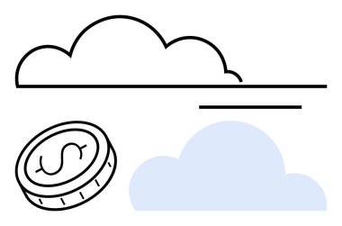 Minimalist bulutların yanında dolar işareti olan madeni para finansal teknolojiyi, bulut hesaplamasını, dijital ekonomiyi ve çevrimiçi hizmetleri sembolize eder. Fintech, yatırım, bulut tabanlı uygulamalar ve dijital için ideal