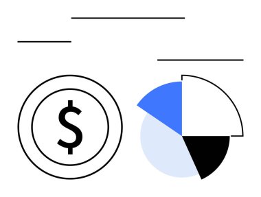 Çemberin içindeki dolar işareti mavi, siyah ve beyaz segmentli turta grafiğiyle eşleştirildi. Finans, yatırım, veri analizi, iş büyümesi, piyasa araştırma kar bütçesi için ideal. Düz