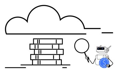 Yapay zekayı, bulut depolamayı ve veri analizini sembolize eden büyüteç kullanarak bir bulutun altında istiflenmiş sunucuları analiz eden robot. Teknoloji, yapay zeka, güvenlik, bulut hesaplama, veri araştırması, yenilik için ideal