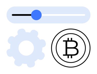 Mavi dişli, Bitcoin simgesi ve basit düz stil ayarlanabilir kaydırıcı. Kripto para birimi, finansal ayarlar, engelleme zinciri yapılandırması, fintech araçları, dijital ekonomi, yatırım dairesi için ideal