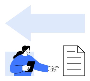 Tableti tutan kadın, büyük sol okla vurgulanmış bir belgeye işaret ediyor. İş akışı, takım çalışması, planlama, rehberlik, talimat, strateji organizasyonu için ideal. Düz basit metafor