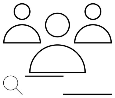 Üç insan simgesinin minimalist tasarımı, bir büyüteç ve arama ve düzenleme öneren yatay çizgiler. Takım çalışması, askere alma, kullanıcı araması, işbirliği, organizasyon için ideal