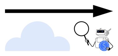 Yapay zeka robotu bulut ve madeni paranın yanında büyüteç tutuyor. Analizi, teknolojiyi ve yeniliği temsil ediyor. Yapay zeka araştırması, finans, veri güvenliği, bulut hesaplaması, dijital dönüşüm için ideal