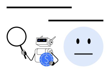 Robotun elinde büyüteç ve yanında dolar işareti olan tarafsız bir yüz var. Yapay zeka, finans, teknoloji, analiz, inceleme ve otomasyon ekonomisi için ideal. Temiz düz basit metafor