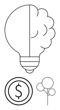 Beyin ampulü yaratıcılığı, maddi büyüme için madeni parayı ve ekolojik bilinç için ağacı sembolize eder. Yenilik için ideal, finans, sürdürülebilirlik, beyin fırtınası, girişimler, yeşil iş sade