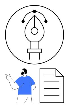 Daire içinde görsel düğümleri olan kalem aracı, bir belgeyi işaret eden mavili adam. Yaratıcılık, tasarım süreci, grafik çalışması, dijital sanat, beyin fırtınası, UIUX, düz basit metafor