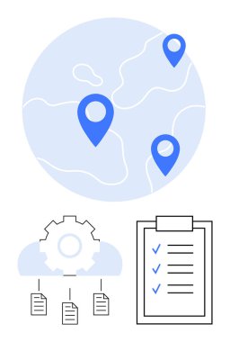 Konum işaretleyicili harita, teçhizat altındaki belgelerle bulut bağlantısı ve kontrol listesi. Görev planlaması, lojistik, veri yönetimi, iş akışı, süreç izleme için ideal, küresel çözümler düz