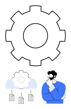 Sistem otomasyonunu temsil eden vites, belgeleri birleştiren bulut yapısı ve çözümleri düşünen bir adam. İş akışı, teknoloji, otomasyon, yenilik, veri yönetimi, karar verme mekanizması için ideal
