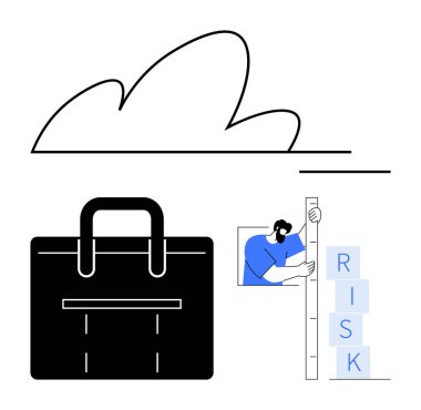 Evrak çantası ve minimalist bir bulutun altında cetvelle işaretlenmiş engelleri ölçen biri. İş için ideal, risk yönetimi, strateji, finans, karar verme, planlama, basit iniş