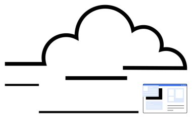 Soyut tasarımı ve minyatür tarayıcı arayüzü ekranı olan bir bulut simgesi. Teknoloji, veri depolama, bulut hizmetleri, internet, dijital dönüşüm, yenilik ve bağlantı temaları için ideal. Düz