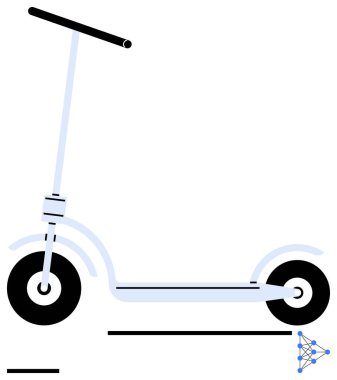 İki tekerleği, gidonu ve en az detayı olan gösterişli scooter çerçevesi. Çevre taşımacılığı, kentsel hareketlilik, sürdürülebilirlik, ulaşım, minimalizm, enerji verimliliği için ideal basit iniş sayfası