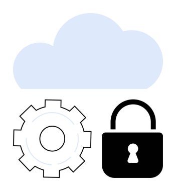 Bulut, teçhizat ve kilit sembolik bulut teknolojisi, veri güvenliği, sistem ayarları ve koruma. Siber güvenlik, bulut depolama, teknoloji gizlilik şifreleme bilişim çözümleri ve basit