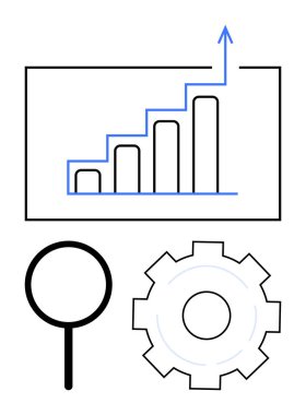 Yükselen çubuk grafiği ile ok büyümeyi işaret ediyor, analiz için büyüteç, işlem için dişli. Analiz, iş stratejisi, yenilik, takım çalışması, teknoloji, araştırma sade iniş sayfası için ideal