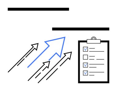 İşaretli listeli pano ve yukarı doğru hareket eden mavi işaretli oklar büyümeyi, planlamayı, başarıyı veya hedef başarısını simgeliyor. Görev yönetimi, iş stratejisi, liderlik ve iş akışı için ideal