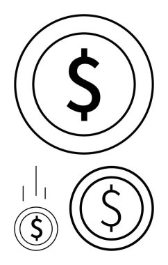 Değişik perspektifleri ve hareket çizgileri olan dairesel paraların içindeki dolar işareti. Para, finans, bankacılık, tasarruf, yatırım, ekonomi, ödeme, basit iniş sayfası için ideal