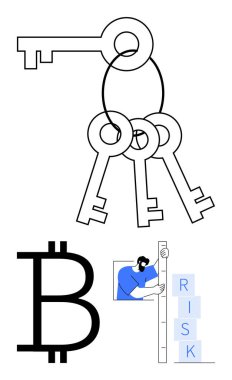 Bir döngüde üç anahtar, bir Bitcoin sembolü ve cetvelle işaretlenmiş risk bloklarını ölçen biri. Kripto para birimi, finans, güvenlik, ölçüm, risk yönetimi, yenilik için ideal