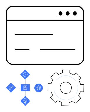 Metin satırlı tarayıcı pencere tasarımı, bir dişli sembolüne bağlı işbirliği, planlama ve otomasyon simgeleri. Takım çalışması, strateji, üretkenlik, web araçları, planlama uygulamaları için ideal