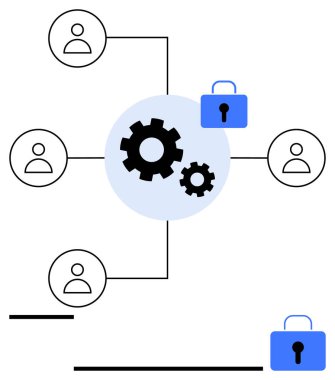 Kullanıcı simgeleri ve mavi kilit simgelerine bağlı merkezi bir dairedeki dişli simgeleri. Siber güvenlik, takım çalışması, dijital iletişim, veri erişim kontrolü, teknoloji entegrasyonu, gizlilik politikası için ideal