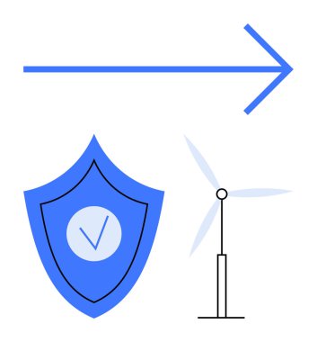 İlerlemeyi simgeleyen ok, güvenliği ve güveni simgeleyen kalkan ve sürdürülebilir enerji için rüzgar türbini. Enerji, çevre dostu kalkınma, yenilik, koruma, güven ve sürdürülebilirlik için ideal